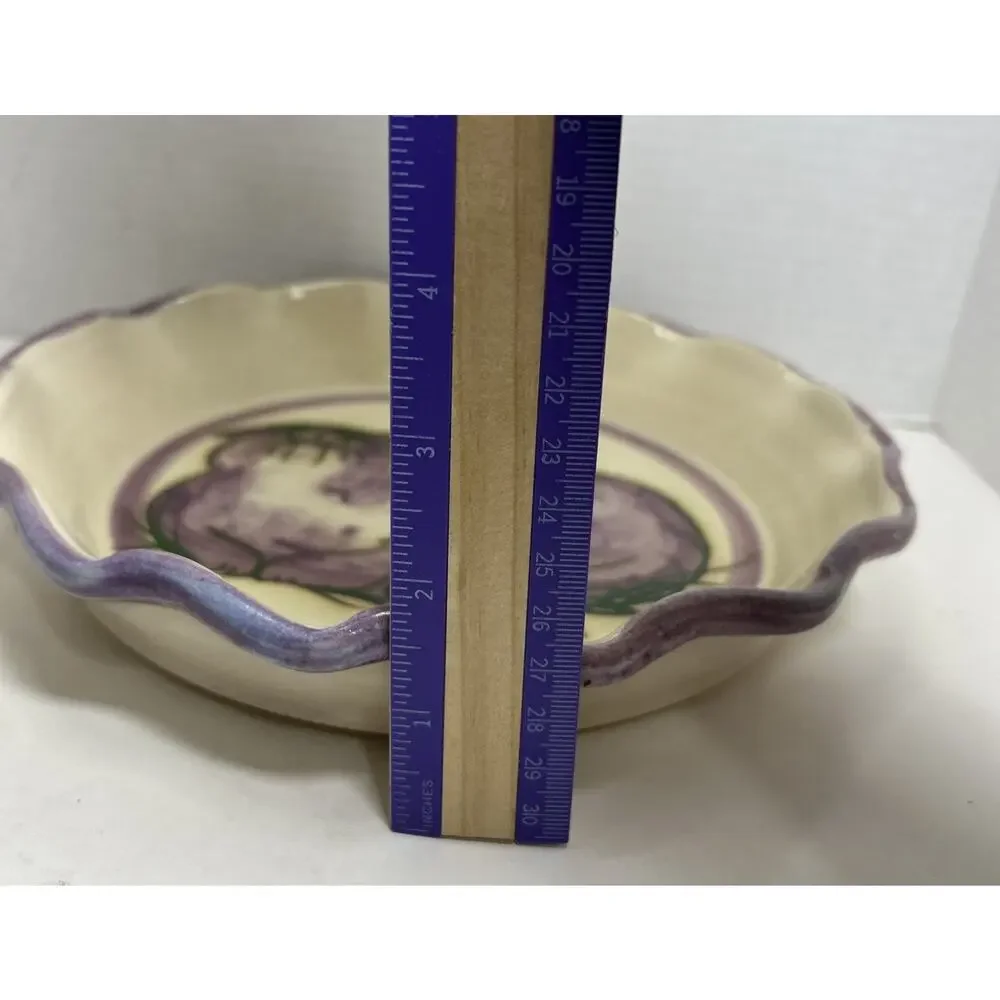 Art Pottery Pie Dish Purple Kitty Cat Ruffled Edge Signed Ceramic 10